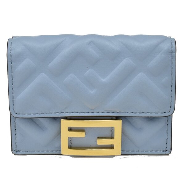 FENDI Logo Baguette Micro Trifold Wallet Purse Leather Blue GHW Italy - Picture 1 of 15